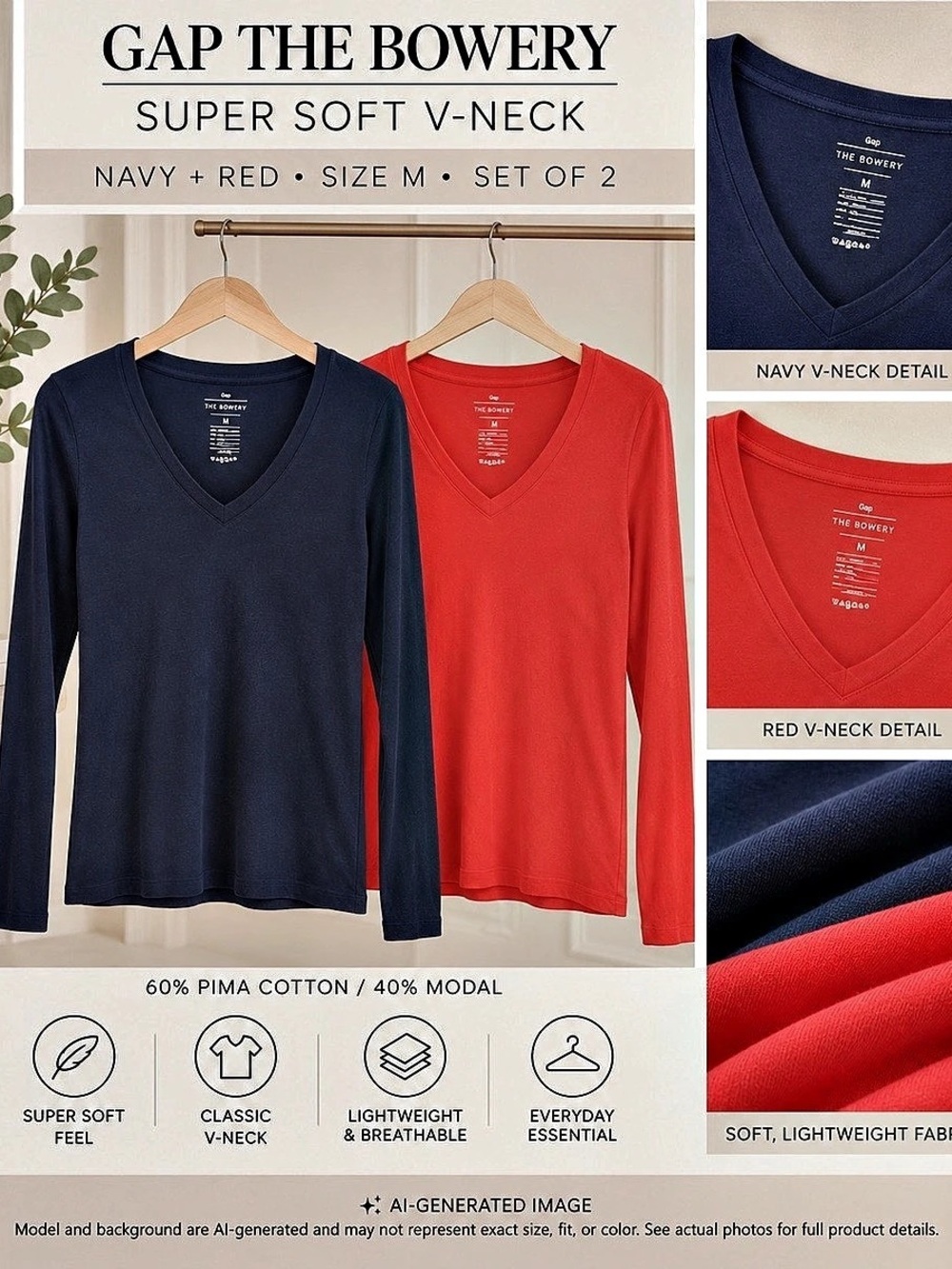 Gap Bowery Super Soft V Neck Long Sleeve Tops Women’s M Navy Red Lot of 2